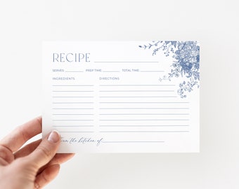 Dusty Blue Recipe Card Template, Printable Recipe Card, Vintage Floral Recipe Template, Chinoiserie Recipe Card, 4x6", Editable in Canva