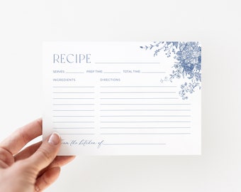 Dusty Blue Floral Recipe Card Template: Chinoiserie 4x6&quot; (Editable in Canva)