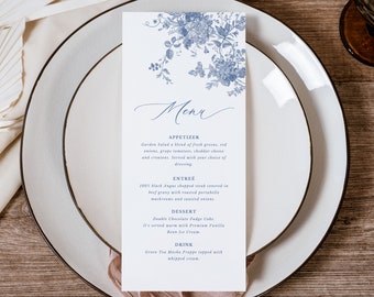 Modèle de menu modifiable, menu de douche bleu poussiéreux, modèle de menu de mariage floral vintage, menu chinoiserie bleu imprimable, modifiable dans Canva