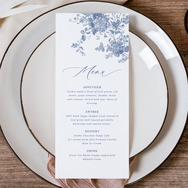 Editable Menu Template, Dusty Blue Shower Menu, Vintage Floral Wedding Menu Template, Blue Chinoiserie Menu Printable, Editable in Canva