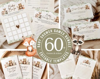 Woodland Baby Shower Games Bundle: Printable Baby Shower Game Pack, Boy & Girl, Boho Forest Theme (Editable Canva Template)