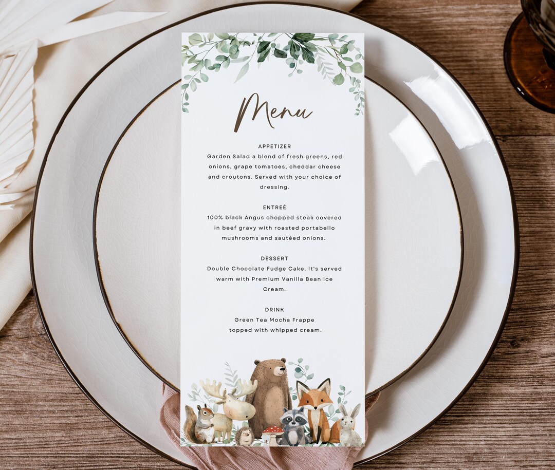 Woodland Baby Shower Menu Template: Forest Animals, Rustic Baby Shower ...
