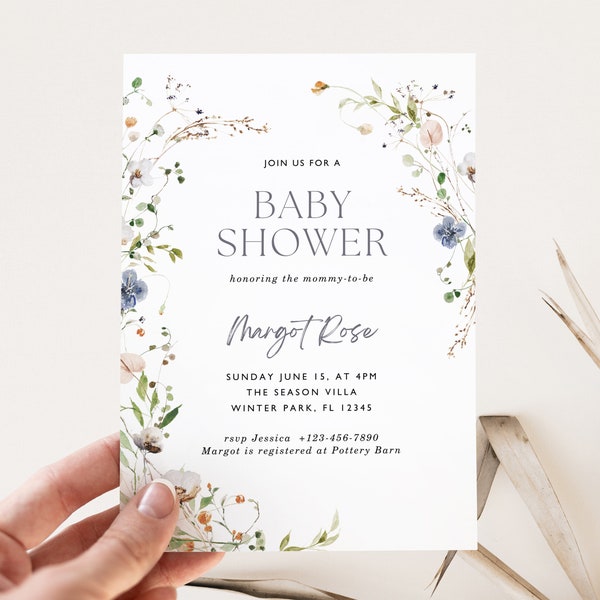 Wildflower Baby Shower Invitation Template, Spring Girl Baby Invite, Garden Florals Baby Shower Invite, Gender Neutral Shower, Edit in Canva