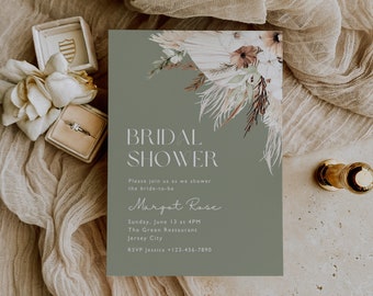 Bridal Shower Invitation Template, Boho Bridal Shower Invite, Pampas Floral Shower Download, Bridal Brunch, Edit in Canva