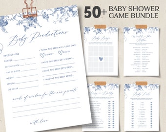 Dusty Blue Baby Shower Game Bundle, Party Games Pack, Vintage Floral Baby Shower, Victorian Chinoiserie Baby, Printable Game Activities