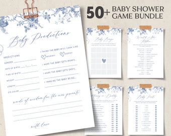 Dusty Blue Baby Shower Games: French Toile, Chinoiserie Theme (Editable Canva Template)