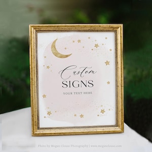 Modèle d'enseigne personnalisé, enseigne de baby shower lune et étoiles, enseignes de douche scintillantes petites étoiles, cartes et cadeaux, enseigne de mariage, modifiable, PD-NWB