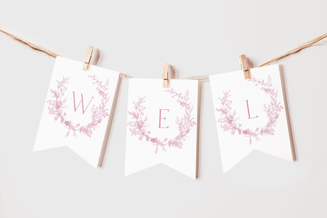 Banderines florales rosa empolvado: banderines DIY editables (descarga ...