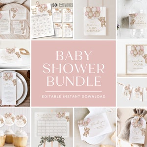 Bear Baby Shower Invitation Bundle, Pink Bear Balloons Baby Shower Kit, Girl Teddy Bear Baby Shower Signs & Decor, Editable, PDA-JJSK