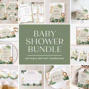 Paquete de invitaciones para baby shower de safari, invitación de animales de la selva, "Un pequeño salvaje", letreros decorativos de león para baby shower, editables, PDA-LRDY