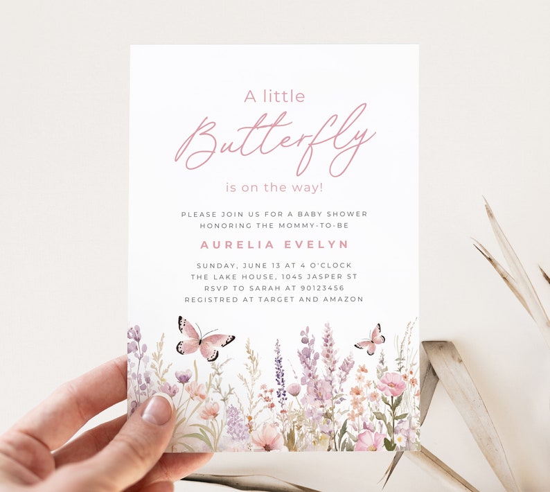 Editable Butterfly Baby Shower Invitation Template, Pink Wildflowers ...