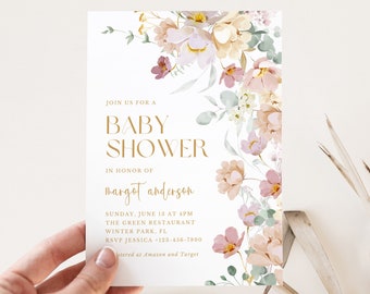 Editable Baby in Bloom Baby Shower Invitation, Spring Blush Flowers Baby Shower Invite, Pink Wildflower Baby Shower Invitation Template,