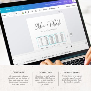 May include: A laptop screen displaying a wedding seating chart template. The design features the names "Chloe + Tolbert" and the date "July 17, 2023, North Carolina." The chart includes table numbers and guest names. Below are options to customize, download, and print or share.