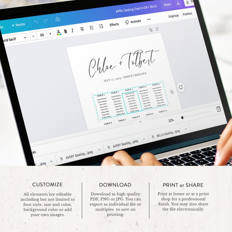May include: A laptop screen displaying a wedding seating chart template. The design features the names "Chloe + Tolbert" and the date "July 17, 2023, North Carolina." The chart includes table numbers and guest names. Below are options to customize, download, and print or share.
