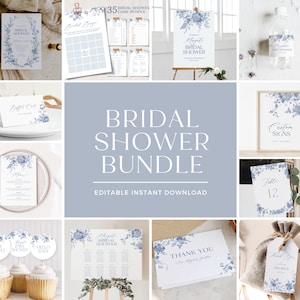 Dusty Blue Bridal Shower Invitation Bundle, Vintage Floral Bridal Shower Invite, Victorian French Rose Bridal Shower, Editable, PDA002