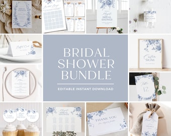 Dusty Blue Floral Bridal Shower Invitation Bundle (Editable)