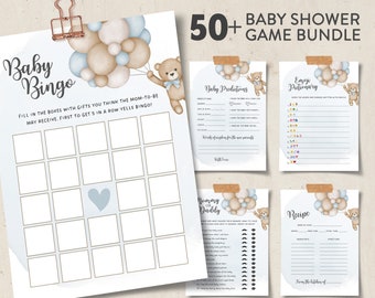 Bear Baby Shower Game Bundle: Blue Balloons, Printable Activities (Editable in Canva)