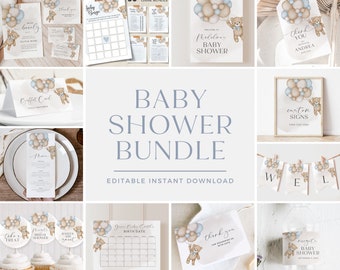 Blue Bear Baby Shower Invitation Bundle: Editable Teddy Bear Decor (Digital Download)