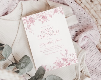 Oudroze bloemenuitnodiging babyshower: vintage chinoiserie (bewerkbaar)