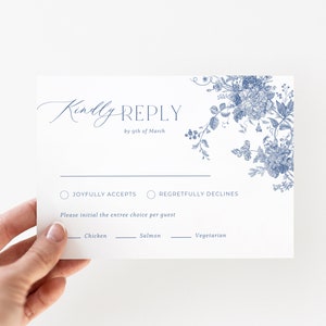 Tarjeta RSVP azul polvoriento, plantilla de tarjeta de respuesta floral vintage, suite de invitación de boda imprimible, RSVP de boda botánica de rosas francesas, editable