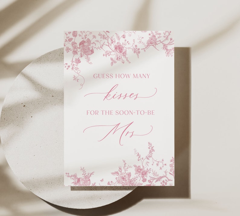 Guess How Many Kisses Bridal Shower Game - Pink Floral Sign & 50 Cards Set For Wedding Parties