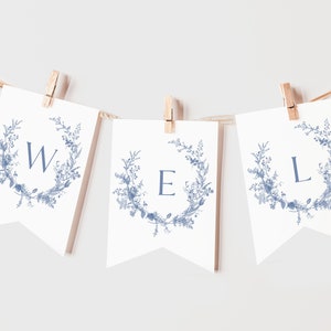 Dusty Blue Editable Bunting, Vintage Floral DIY Banner Template, Wreath Custom Banner, Floral Printable Bunting Garland, Instant Download