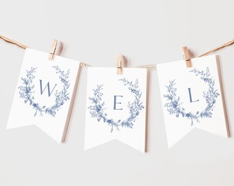 Vintage Floral Wreath Banner: Dusty Blue Toile, Chinoiserie Style (Editable Canva Template)