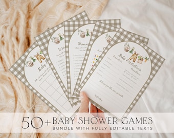 Zestaw gier na baby shower wyprodukowanych lokalnie: motyw kratki Gingham (szablony do druku)