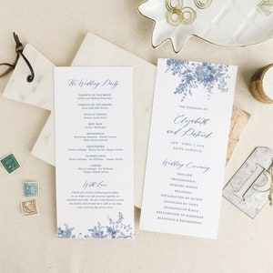Dusty Blue Wedding Program Template, Vintage Floral Program Wedding, Printable Program Template, 4x9 program, Vintage Blue, Editable Canva image 3