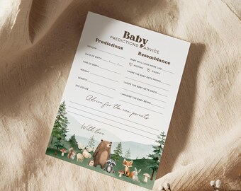Tarjeta de predicciones y consejos para bebés del bosque: Juego de baby shower de animales del bosque, consejos imprimibles para bebés (plantilla editable de Canva)