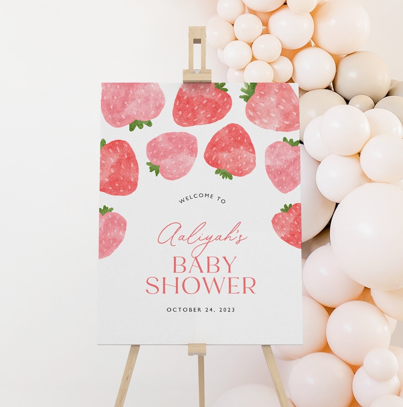 Strawberries Baby Shower Welcome Sign, Berry Sweet Baby Shower Sign, Pink Shower Welcome Sign, Srawberry Shower Signage, Editable image 1