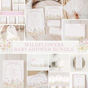Wildflower Baby Shower Bundle: Baby in Bloom Invitation, Spring Garden Floral with Pink Bow (Editable Canva Template)