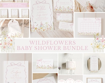 Wildflower Baby Shower Bundle: Baby in Bloom Invitation, Spring Garden Floral with Pink Bow (Editable Canva Template)