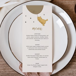 Modèle de menu, menu Winnie l'ourson, menu imprimable baby shower, menu baby shower ourson classique, modèle de menu beige, modifiable,