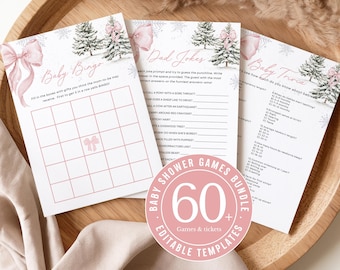 May include: A collection of baby shower game templates, including bingo, trivia, and dad jokes. The designs feature a winter theme with pink bows and evergreen trees. A circular sticker reads "Baby Shower Games Bundle 60 Games & Tickets Editable Templates."