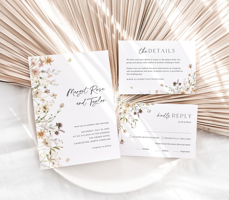 Wildflower Wedding Invitation Suite, Floral Wedding Suite Template, Spring Wedding Invite, Whimsical Wedding Invitation, Editable in Canva image 1