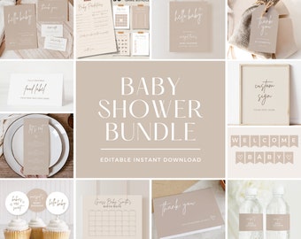 Minimalist Baby Shower Invitation Bundle, Beige Minimal Baby Shower Invite Kit, Brown Neutral Simple Baby Shower Signs & Decor, Editable