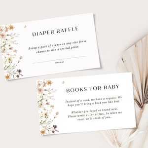 Wildblumen-Windel-Verlosungskarte, Bücher für Baby, Frühlings-Wildblumen-Babypartyvorlage, Blumendusche einladen, bearbeitbar, PDA-IHWN