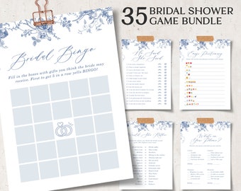 Bridal Shower Games Bundle, Dusty Blue Bridal Shower Games, Vintage Floral Shower Games Template, Chinoiserie Bridal Shower, Editable