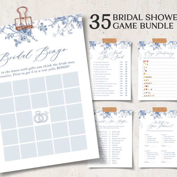 Bridal Shower Games Bundle, Dusty Blue Bridal Shower Games, Vintage Floral Shower Games Template, Chinoiserie Bridal Shower, Editable