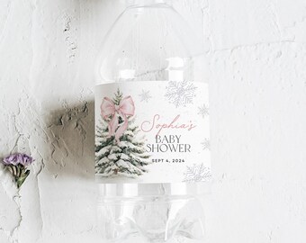 Pink Bow Water Bottle Label: Snowy Pines, Winter Baby Shower (Editable Canva Template)