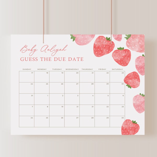 Strawberry Guess Baby Due Date Calendar Sign, Berry Sweet Guess Birthday Baby Shower Game, Neutral Due Date Game Template, Editable in Canva