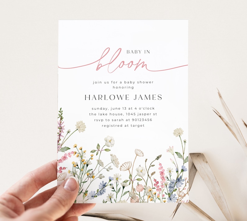 Baby in Bloom Baby Shower Invitation Set Template, Pink Wildflower Baby Shower Invite Bundle, Printable Baby Florals Baby Shower, 003 image 6