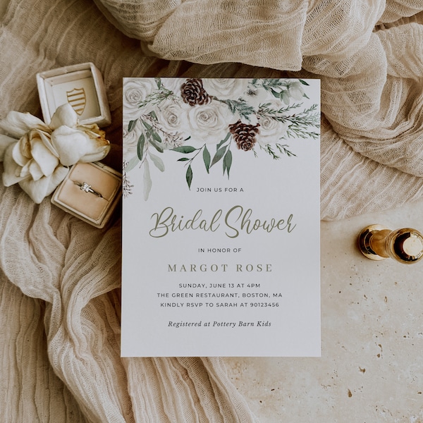 Bridal Shower Invitation Template, Winter Florals Bridal Shower Invite, Winter Bridal Shower Download, Pinecone Bridal Brunch, Edit in Canva