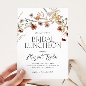 Modelo de convite para almoço nupcial, convite para chá de panela com flores silvestres boho, download de chá de panela com flores, brunch nupcial, editável, PDA-QHBO