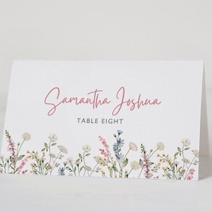 Plantilla para tarjetas de lugar de boda, tarjeta de lugar con flores silvestres, nombres de lugares, tarjeta de lugar para despedida de soltera, tarjeta de nombre para boda, editable, PDA-JQGI