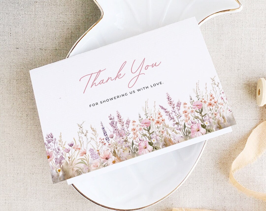 Wildflower Thank You Card Template, Pink Floral Folded Thank You ...