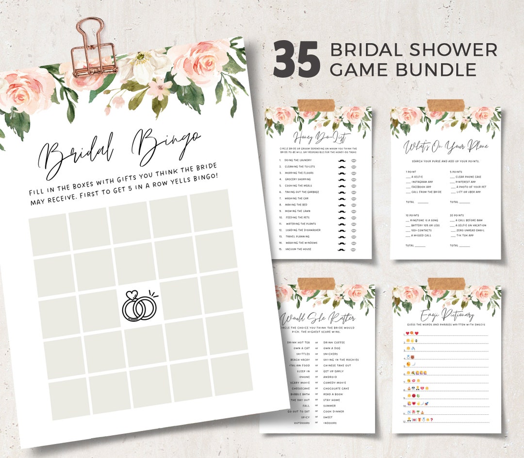 Bridal Shower Games Template, Blush Florals Bridal Shower Games Bundle