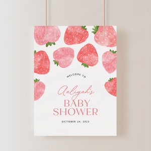 Strawberries Baby Shower Welcome Sign, Berry Sweet Baby Shower Sign, Pink Shower Welcome Sign, Srawberry Shower Signage, Editable image 3