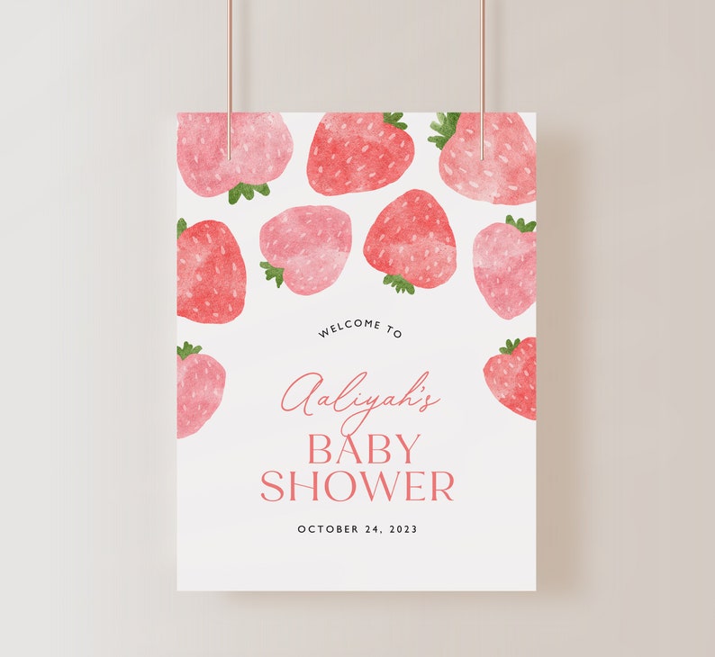 Strawberries Baby Shower Welcome Sign, Berry Sweet Baby Shower Sign, Pink Shower Welcome Sign, Srawberry Shower Signage, Editable image 3
